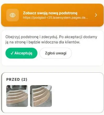 Ekran w telefonie: nowa podstrona czeka na akceptację, przyciski Akceptuję i Zgłoś uwagi, zdjęcia przed