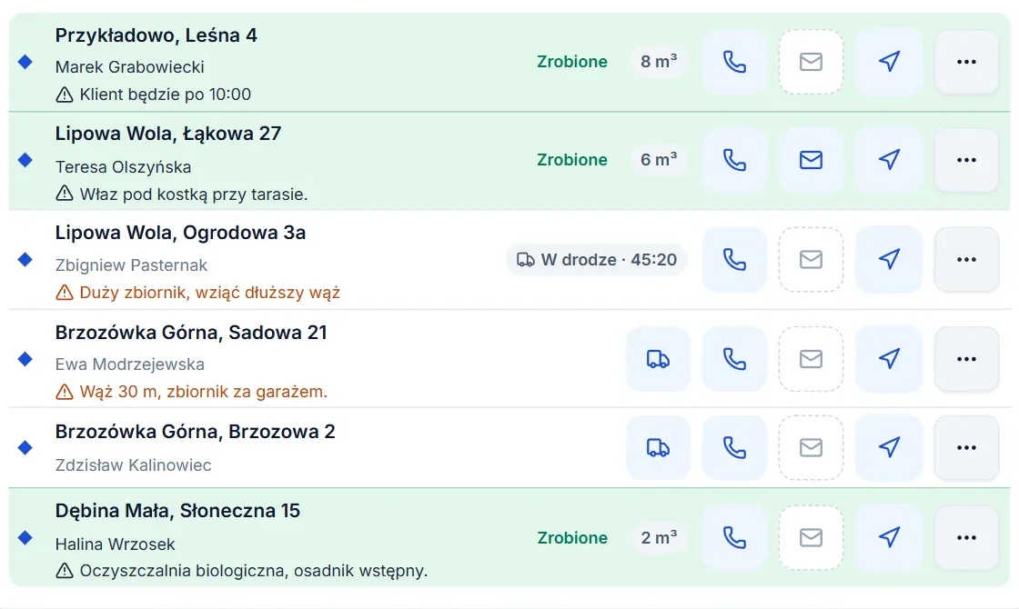 Wywozy jednej ekipy na tablecie: adresy posesji, uwagi o dojeździe i wywozy „Zrobione”.
