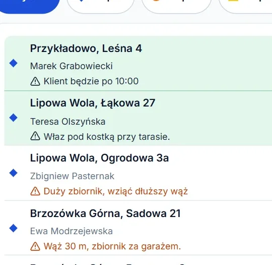 Dzień ekipy na tablecie poziomo: lista wywozów z adresami i uwagami.