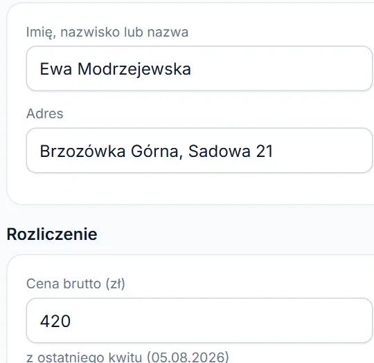 Formularz kwitu na tablecie: imię klienta, adres i cena z ostatniego kwitu.