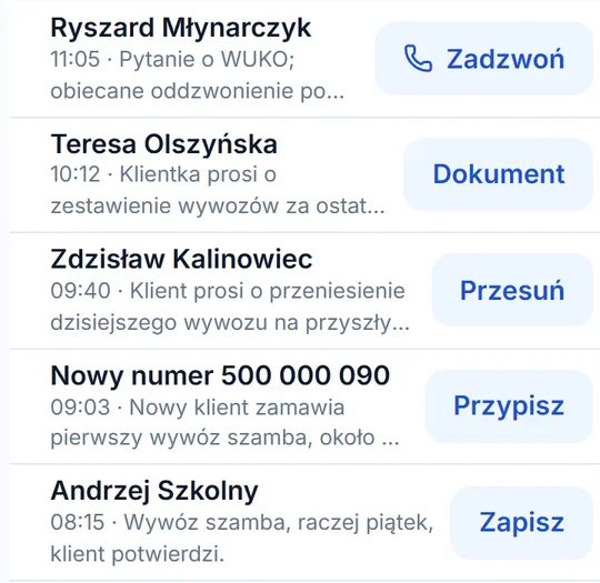 Lista „Do zrobienia” w telefonie: pięć spraw z rozmów, przy każdej jedno zdanie i jeden przycisk.