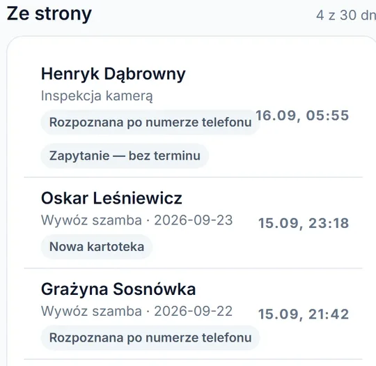 Zgłoszenia ze strony w telefonie: zamówienia klientów rozpoznanych po numerze i nowa kartoteka.