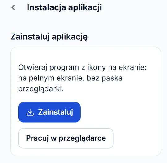 Ekran w telefonie z wyborem: zainstalować aplikację z ikoną albo pracować w przeglądarce.
