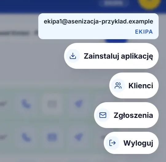 Menu ekipy na tablecie: instalacja, klienci, zgłoszenia i wylogowanie, bez raportów.