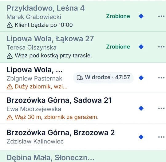 Plan dnia w telefonie właściciela: adresy posesji z uwagami, znaczki ekip i wywozy już zrobione.