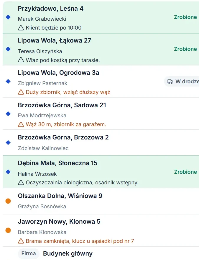 Dzień ekipy na tablecie ustawionym pionowo: zrobione wywozy na zielono z napisem „Zrobione”, kamera i WUKO u trzeciej ekipy.