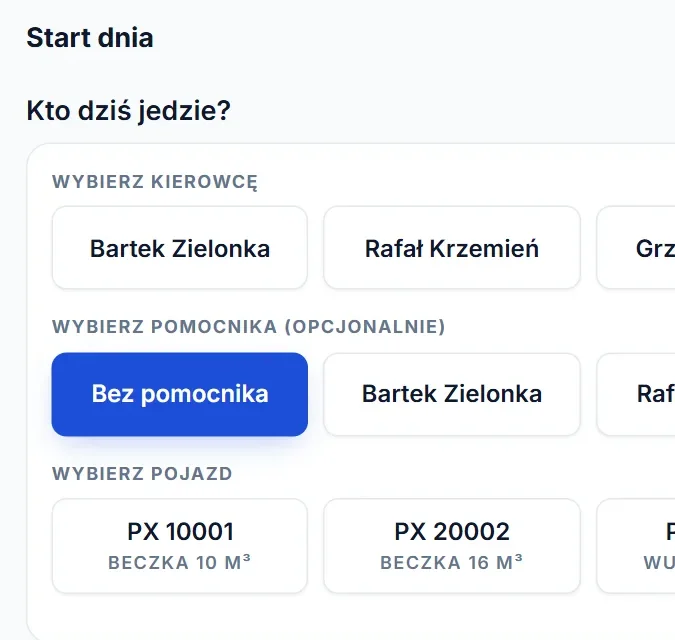 Start dnia na tablecie: wybór kierowcy, pomocnika i pojazdu.