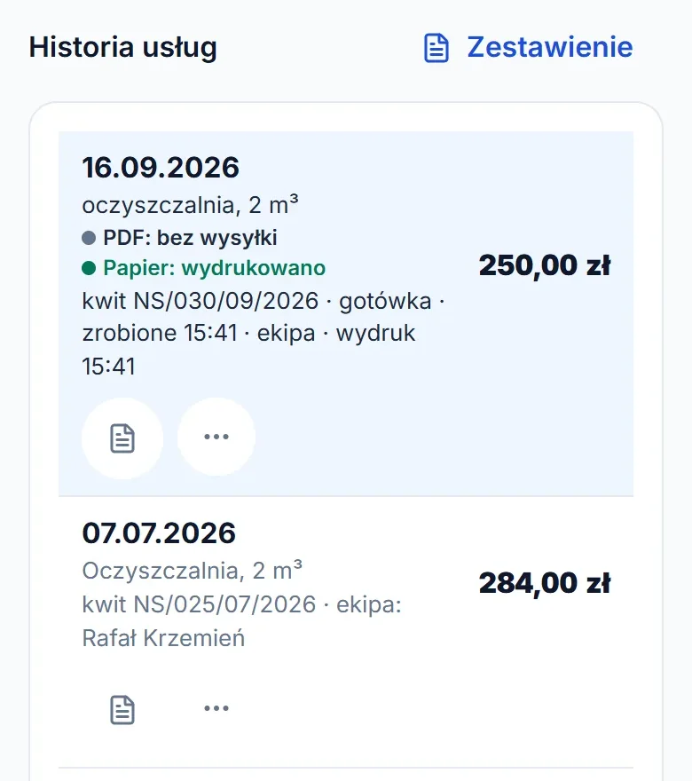 Historia usług w karcie klienta na telefonie: kwity i wywozy z datą, ilością, kwotą i ekipą.