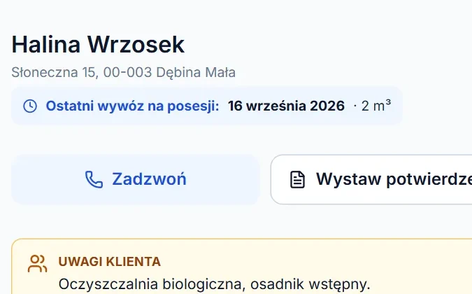 Karta klienta na tablecie: data ostatniego wywozu na górze karty i przyciski „Zadzwoń”, „Wystaw potwierdzenie”, „Dodaj zlecenie”.