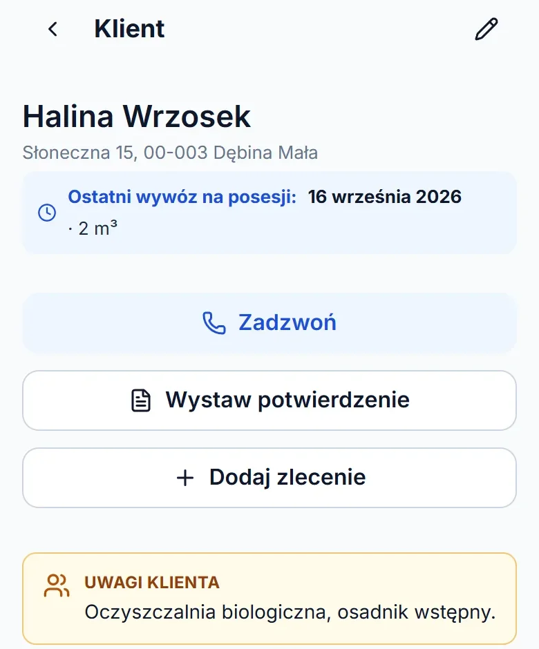 Karta klienta na telefonie: strzałka powrotu w lewym górnym rogu, ostatni wywóz, przyciski i stała uwaga klienta.