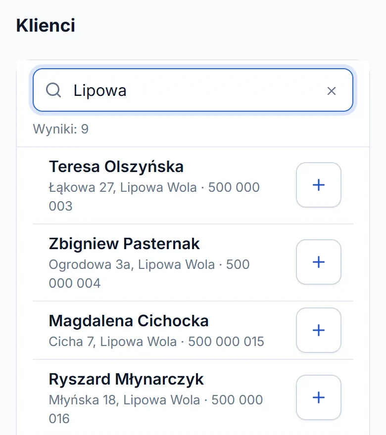 Wyszukiwarka klientów na telefonie po wpisaniu „Lipowa”: nazwiska, adresy i numery pasujących klientów.