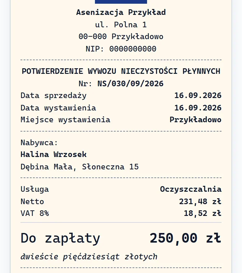 Potwierdzenie wykonania usługi na telefonie: dane firmy z NIP, nabywca, kwota do zapłaty i kwota słownie.