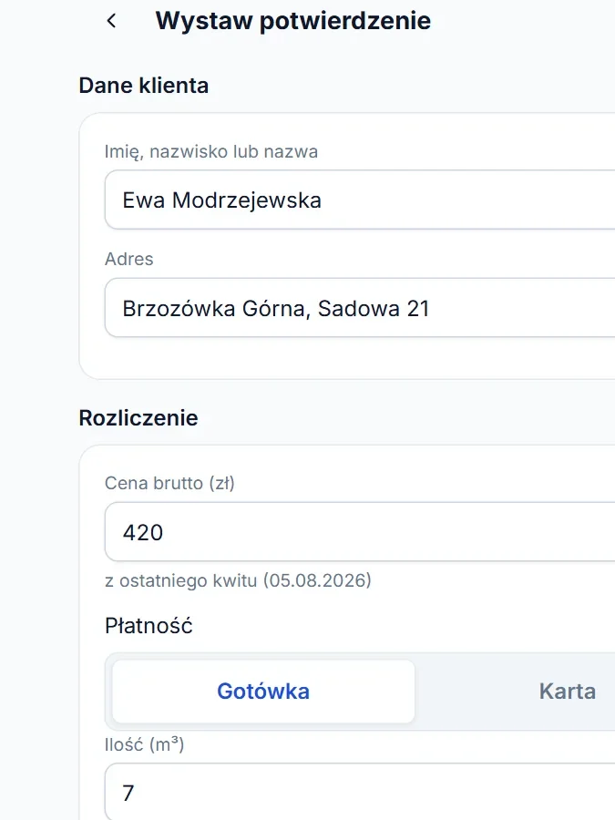 Formularz kwitu na tablecie: cena podpowiedziana z ostatniego kwitu, sposób płatności i ilość.