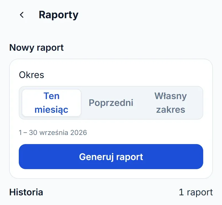 Raporty na telefonie: wybór okresu nowego raportu, przycisk „Generuj raport” i historia raportów.