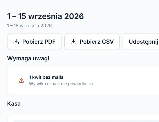 Raport za okres na tablecie: przyciski „Pobierz PDF” i „Pobierz CSV” oraz kasa z liczbą kwitów.