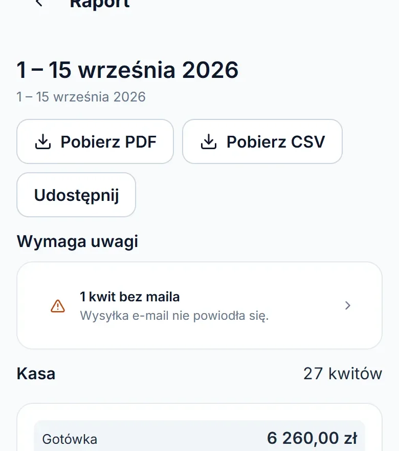 Raport za 1 do 15 września na telefonie: przyciski „Pobierz PDF” i „Pobierz CSV” oraz kasa według sposobu płatności.