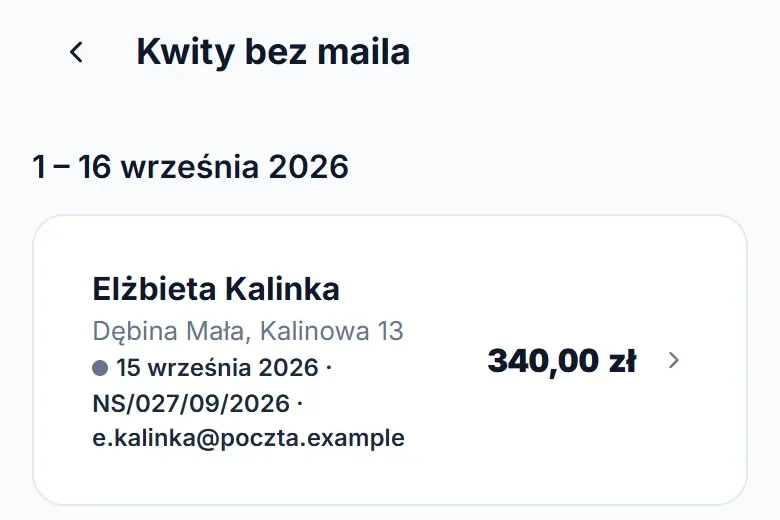 Lista „Kwity bez maila” na telefonie z kwitem, którego e-mail nie doszedł.