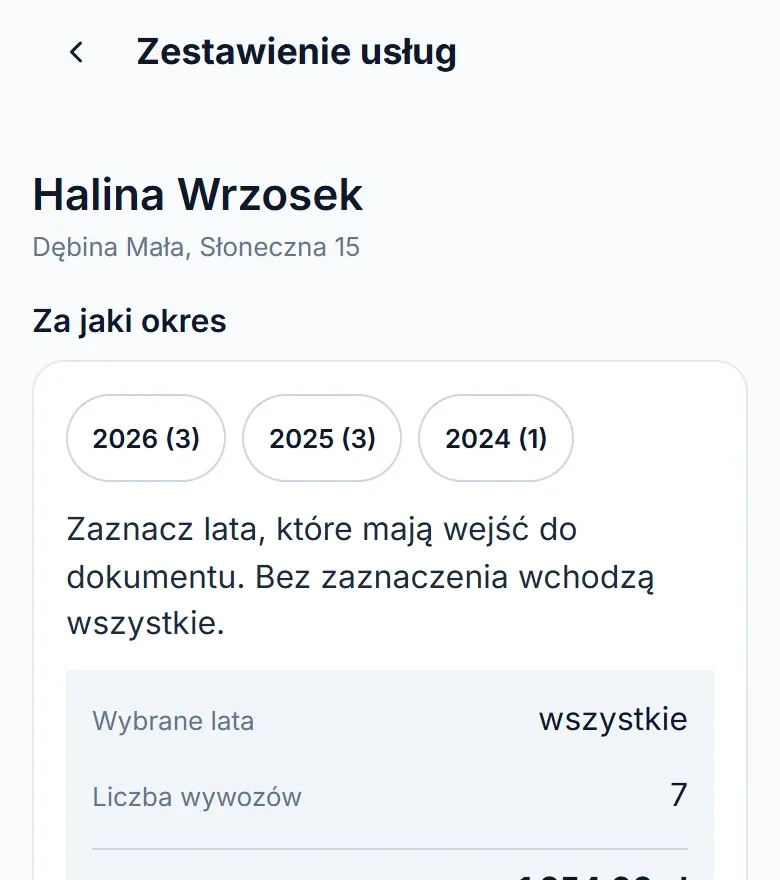 Zestawienie usług klienta na telefonie: wybór lat, liczba wywozów i łączna kwota.