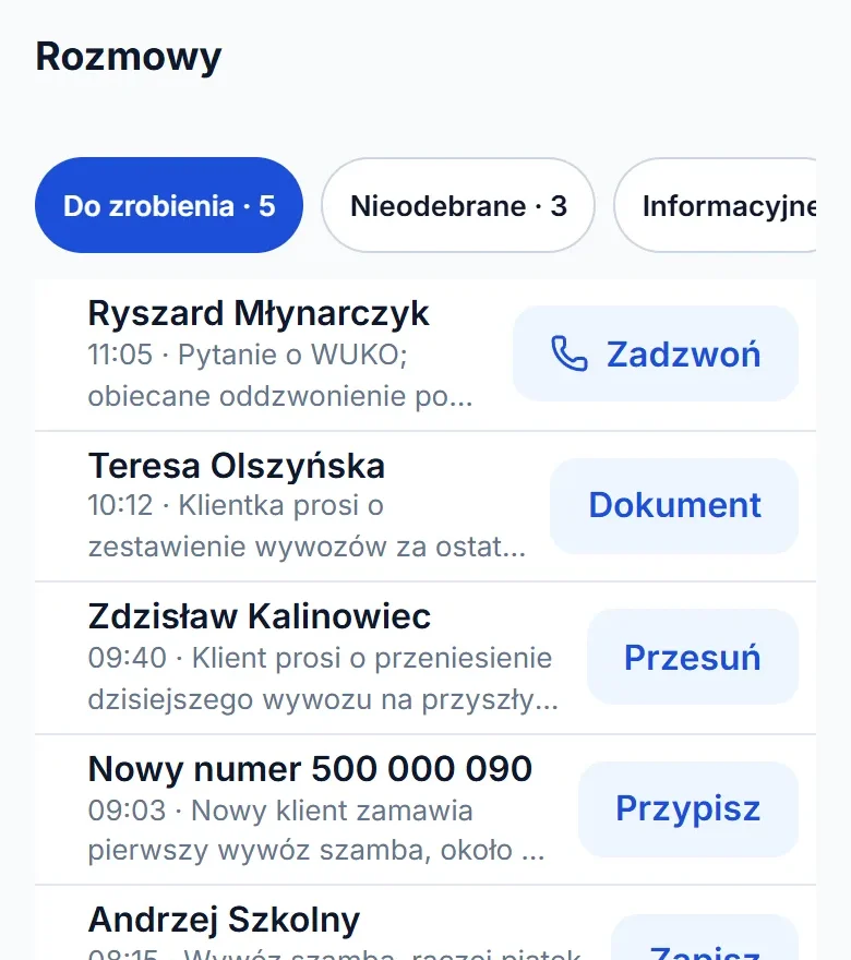 Lista „Do zrobienia” na telefonie: przy każdej sprawie jedno zdanie i jeden przycisk, na przykład „Zadzwoń” albo „Przesuń”.
