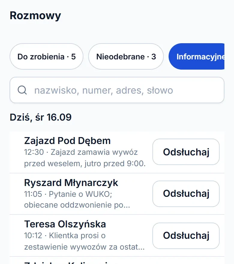 Rozmowy informacyjne na telefonie: wyszukiwarka po nazwisku, numerze, adresie albo słowie i przycisk „Odsłuchaj” przy każdej rozmowie.