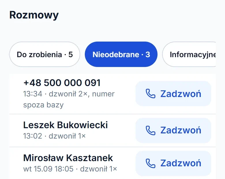 Nieodebrane rozmowy na telefonie z liczbą prób i przyciskiem „Zadzwoń” przy każdym numerze.