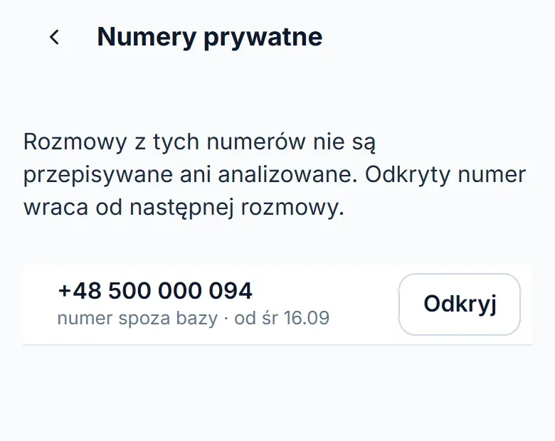 Numery prywatne na telefonie: jeden ukryty numer spoza bazy i przycisk „Odkryj”.