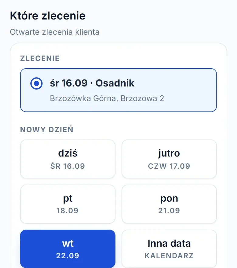Przesunięcie wywozu na telefonie: otwarte zlecenie klienta i nowy dzień wtorek 22.09 zaznaczony do zapisu.