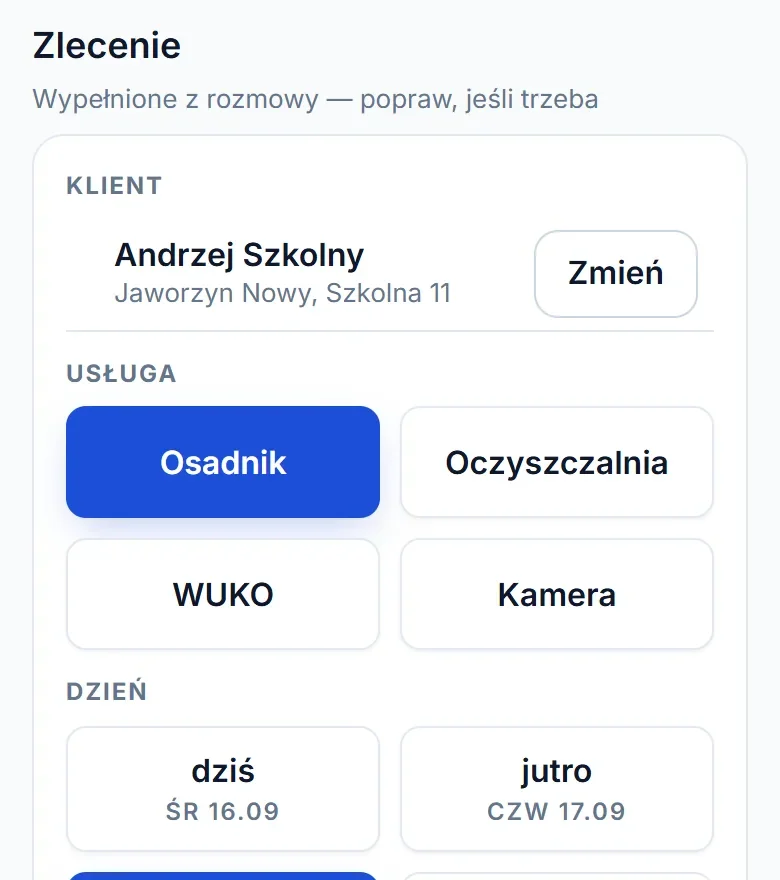 Sprawa z rozmowy na telefonie: formularz wypełniony przez program, z klientem, usługą, dniem i uwagą dla ekipy.