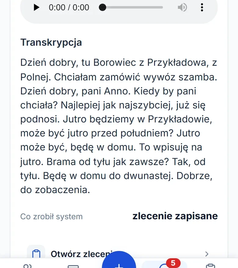 Rozmowa znanej klientki na telefonie: tekst rozmowy, informacja, że program sam zapisał zlecenie, i przejście do zlecenia.