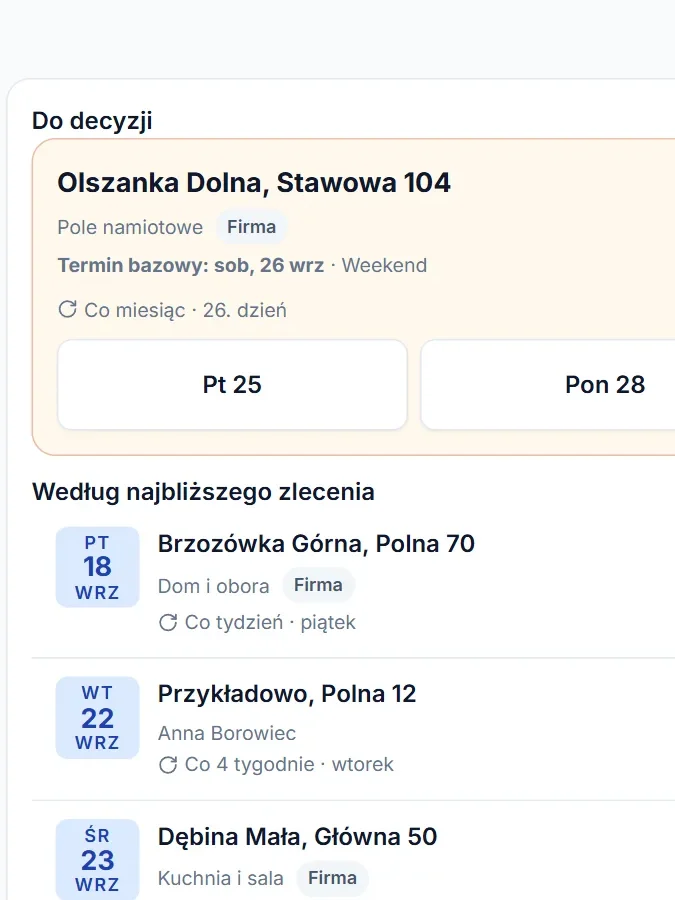 Lista zleceń stałych na tablecie: termin do decyzji i klienci według najbliższego wywozu, przy każdym co ile jeździcie.