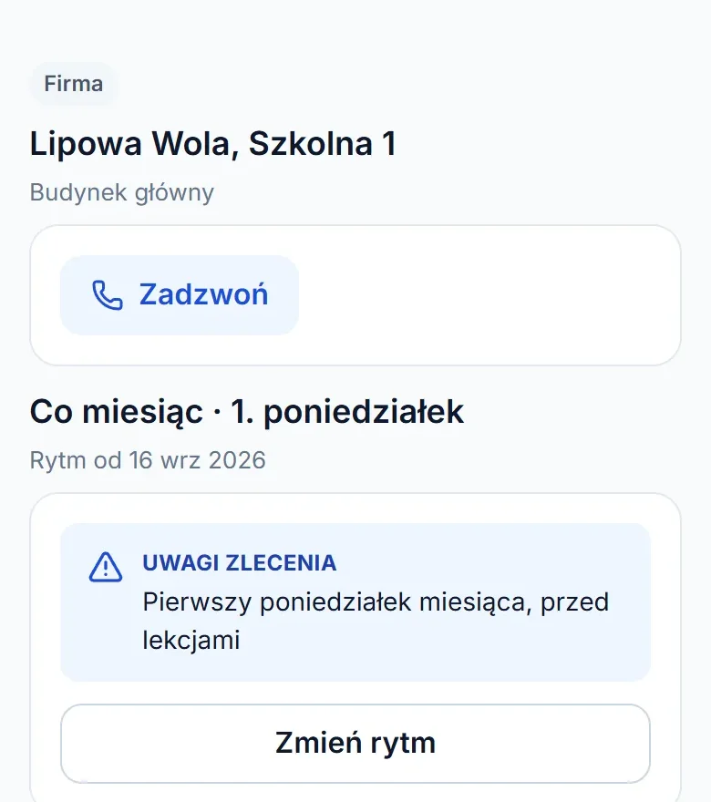 Zlecenie stałe na telefonie: rytm „1. poniedziałek”, uwaga zlecenia i przycisk „Zmień rytm”.