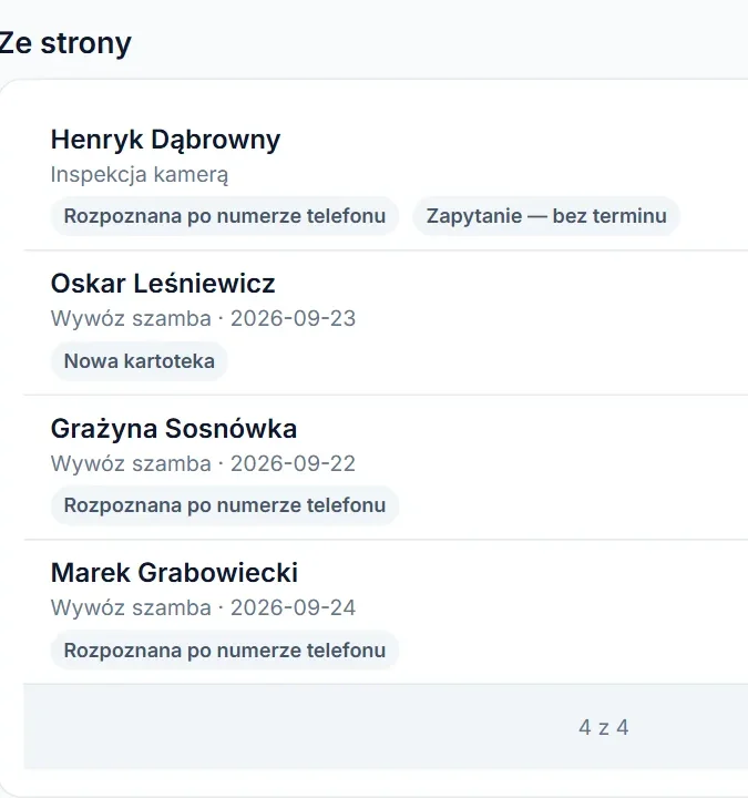 Zgłoszenia ze strony na tablecie obok listy klientów: zamówienia rozpoznane po numerze, nowa kartoteka i zapytanie bez terminu.