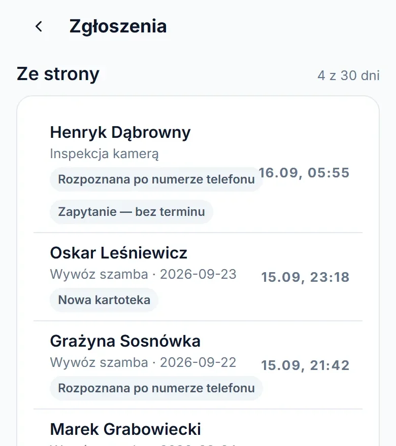 Zgłoszenia ze strony na telefonie z godzinami wieczornymi i nocnymi: zamówienia rozpoznane po numerze, nowa kartoteka i zapytanie bez terminu.