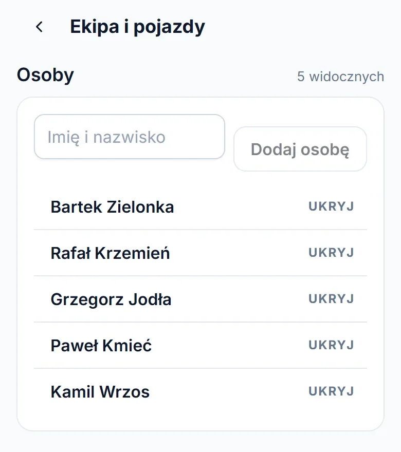 Ekipa i pojazdy na telefonie: lista osób i wozów z przyciskiem „Ukryj” oraz pola do dodania nowych.