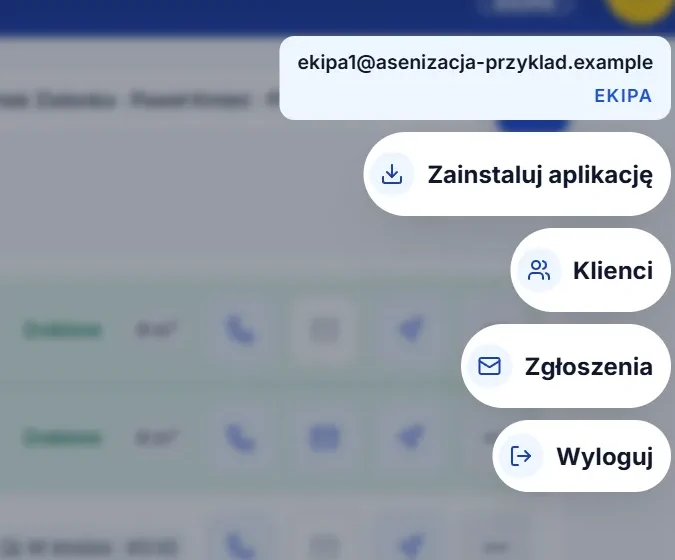 Menu ekipy na tablecie: zalogowane konto ekipy, instalacja, klienci, zgłoszenia i wyloguj, bez raportów i zleceń stałych.