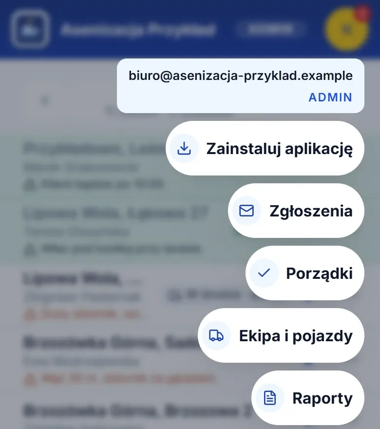 Menu biura na telefonie: na górze zalogowane konto z rolą, pod nim instalacja, zgłoszenia, porządki, ekipa, raporty, zlecenia stałe z licznikiem i wyloguj.