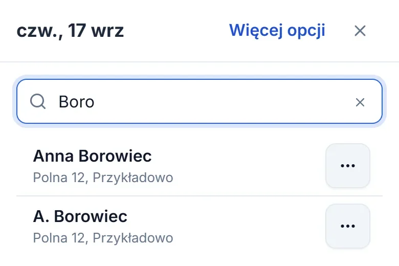 Dodawanie zlecenia na telefonie: po wpisaniu „Boro” program pokazuje pasujących klientów.