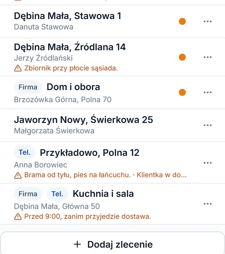 Zlecenia na jutro na telefonie: na dole listy dwa zlecenia ze znacznikiem „Tel.”, które same weszły z rozmowy.