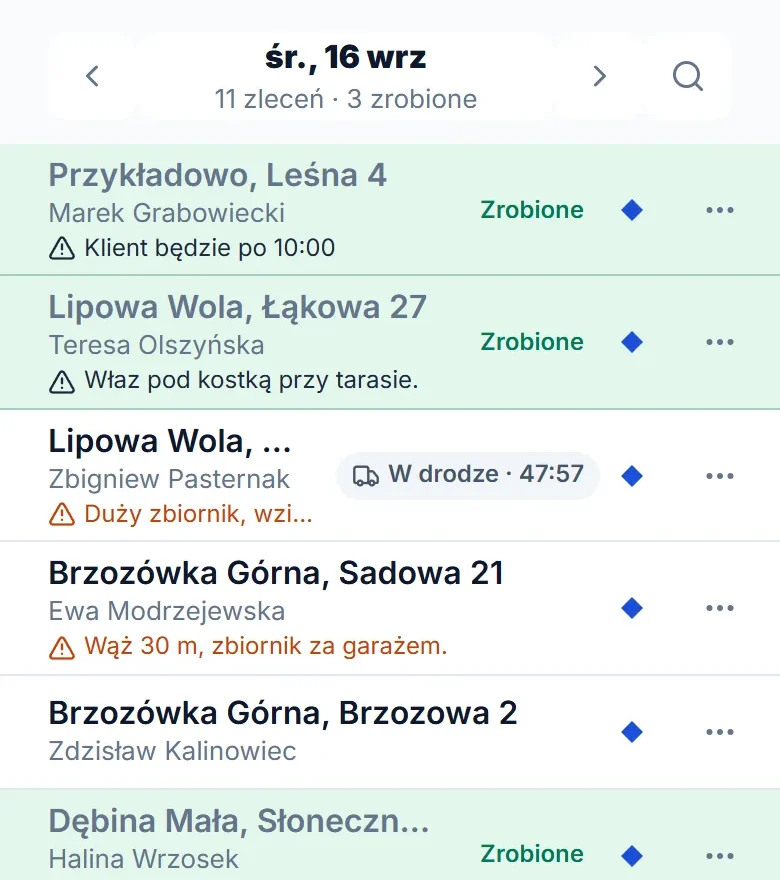 Lista zleceń dnia na telefonie: wywozy zrobione, wywóz „W drodze”, uwagi dla ekipy i znaczki ekip.