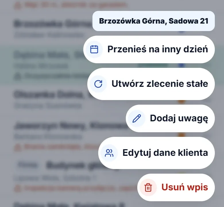 Menu przy zleceniu na telefonie: przenieś na inny dzień, utwórz zlecenie stałe, dodaj uwagę, edytuj dane klienta, usuń wpis.
